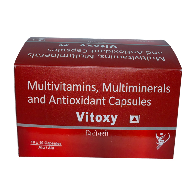 Vitoxy Capsule — Vitamin A acetate 3300 IU+ vitamin E acetate 10 IU+ Vitamin C (coated) 80 mg+ vitamin B1 2.3 mg+ vitamin b2 3.2 mg+ vitamin b6 3.0 mg+ vitamin b12 2.2 mcg+ niacinamide 23 mg+ folic acid 300 mcg+ calcium pantothenate 12.5mg+ zinc oxide 15mg+ cupric oxide 2.5mg+ sodium selenate 40 mcg+ manganese chloride 35 mg+ chromium chloride 50 mcg