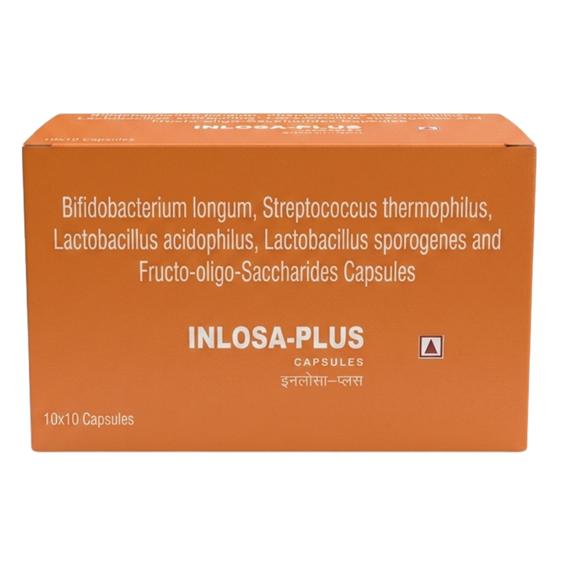 Inlosa Plus Capsule — Bifidobacterium longum 5 billion CFU, Streptococcus Thermophilus 5 billion CFU, Lactobacillus acidophilus 2.5 billion CFU, Lactobacillus sporogenes 2.5 billion CFU, Fructo – oligo – saccharides 100 mg