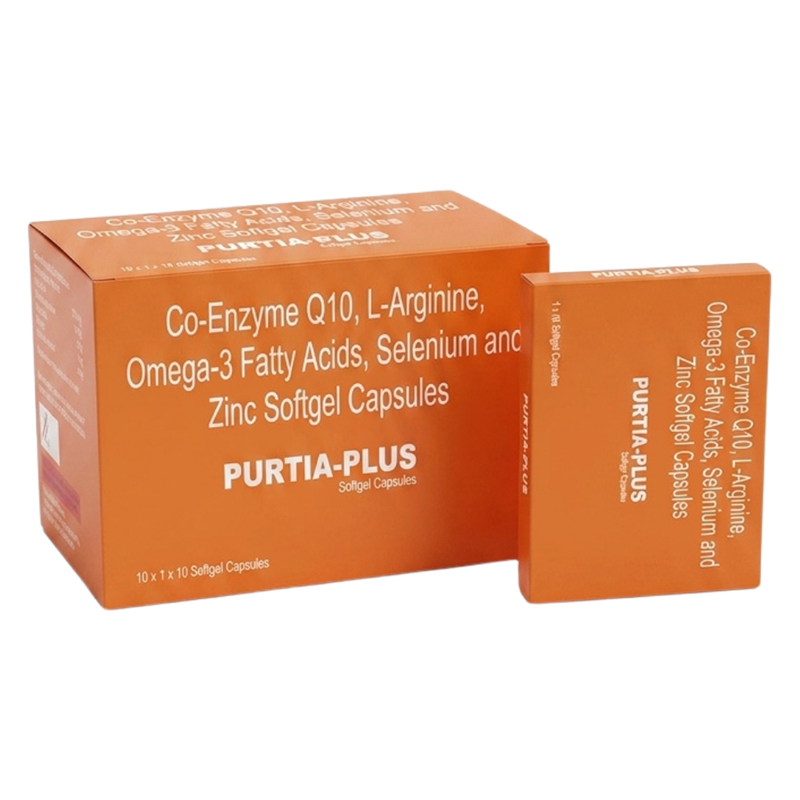 Purtia Plus Softgel — Co enzyme Q10 300 mg + L Arginine 250 mg + Omega 3 Fatty Acids 250 mg + Selenium dioxide monohydrate eq to elemental selenium 70 mcg + Zinc oxide eq to elemental zinc 20 mg