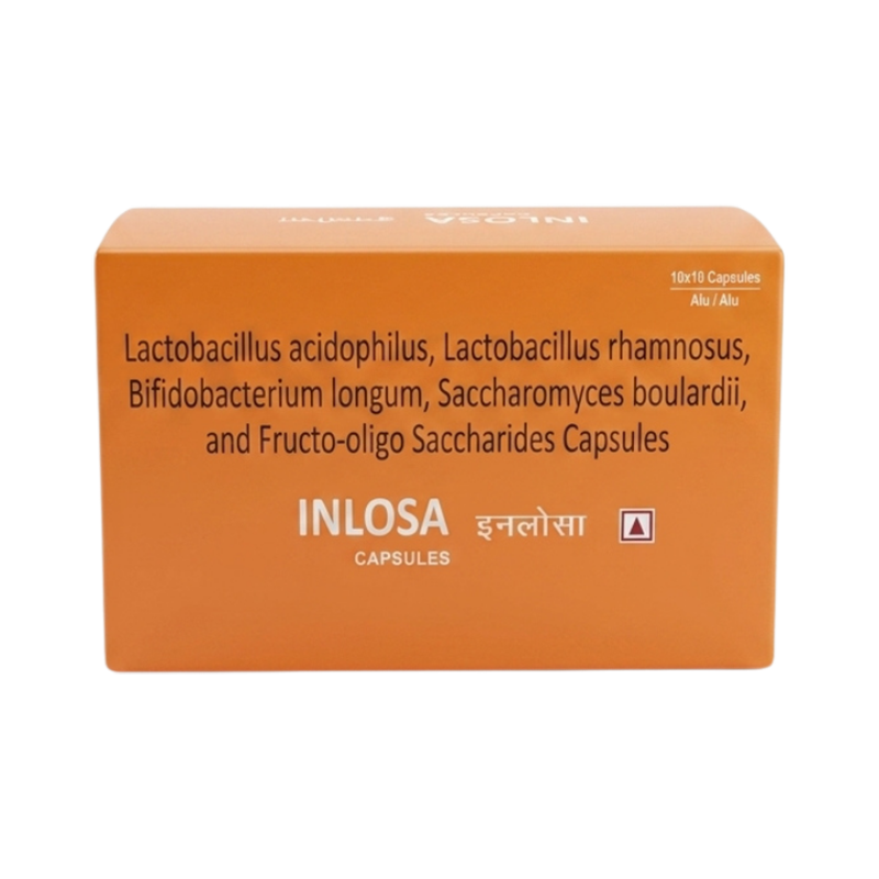 Inlosa Capsule — Lactobacillus Acidophilus 75mg +Lactobacillus Rhamnosus 75mg +Bifidobacterium Longum 75mg+ Saccharomyces Boulardii 50mg + Fructo-Oligo Saccharides 100mg