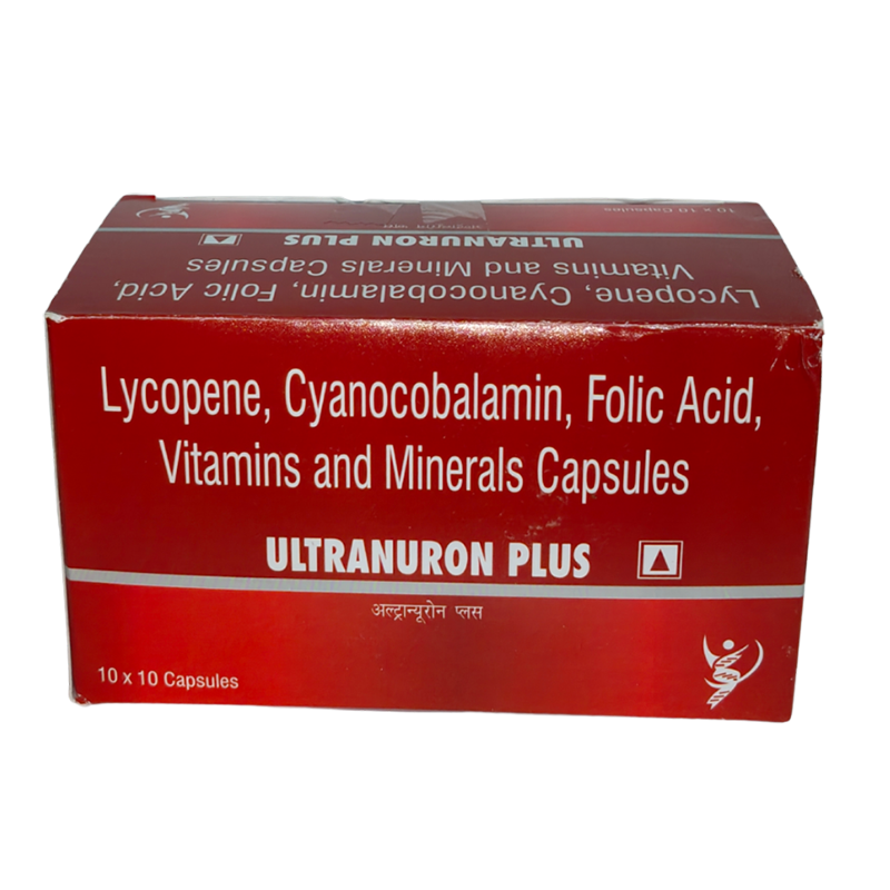 Ultranuron Plus Capsule — Lycopene 6% 8000mcg + Cyanocobalamin 2.2 mcg + Natural Mixed Carotenoids 4800 mcg +Vitamin C(coated) 80 mg+ vitamin B6 3 mg + Folic Acid 0.3 mg + vitamin E (50%) 15 I.U + chromium picolinate 50 mcg + sodium selenate 40 mcg