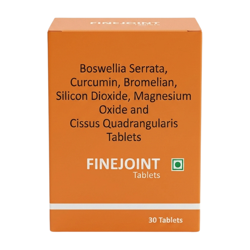 Fine Joint Tablets 30 — Boswellia Serrata extract (3%) 200 mg, Boswellia serrata (AKBA 30%) 50 mg, Curcumin (95%) 50 mg,curcumin(95%) 50 mg, Bromelian extract 50 mg, Silicon Dioxide 20 mg, Magnesium oxide 5 mg, Cissus Quadrangularis 500 mg