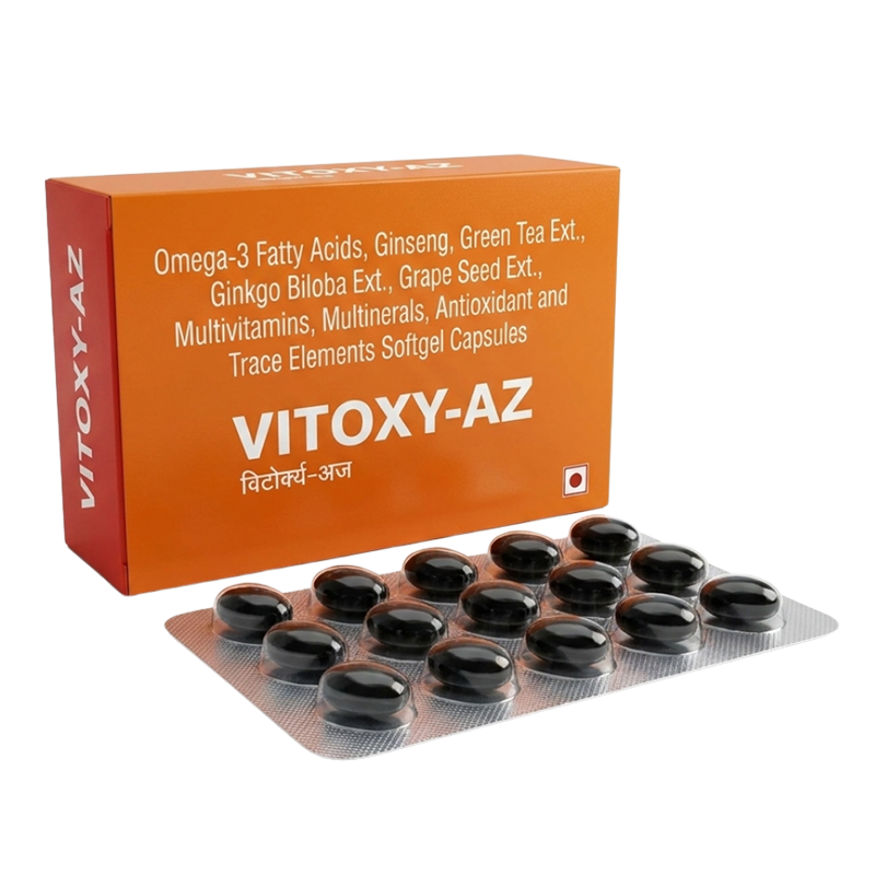 Vitoxy-AZ Softgel — Omega 3 Fatty acids providing eicosapentaenonic acid (EPA) 90mg, docosahexaenoic acid (DHA) 60mg, Green tea extract (90%) 10mg, Ginseng 42.5mg, Ginkgo Biloba extract (24%) 10 mg, Grape seed extract (95%) 15 mg,Garlic oil 0.1%w/w, Lactic acid bacillus 500 lacs, Citrus Bioflavonoids (40%) 20 mg, natural mixed carotenoids (10%) 11.33 mg, Vitamin D3 200 I.U, Wheat germ oil 25 mg, Menadione Sodium Bisulphate (Vit. K3) 10 mcg, Benfotiamine 1.5 mg, Vitamin B6 1mg, Vitamin B12 1 mcg, Niacinamide 20 mg, Calcium Ascorbate 45 mg, Folic acid 150 mcg, Biotin 40 mcg, Choline Bitartrate 25 mg, Lutein (10%) 250 mcg, Piperine (95%) 5 mg, elemental calcium 20 mg, elemental phosphorous 15.45 mg, Ferrous Fumarate 30 mg, Zinc oxide eq to elemental zinc 15 mg, Potassium Iodide eq to elemental lodine 140 mcg, Magnesium oxide eq to elemental magnesium 30 mg, Manganese sulphate eq to elemental manganese 1.5 mg, Copper Sulphate Pentahydrate eq to elemental copper 0.5 mg, Chromium Picolinate eq to elemental chromium 50 mcg, Sodium MolybdateDihydrate eq to elemental molybedenium 25 mcg, Sodium Selenite Pentahydrate eq to elemental selenium 20 mcg, Potassium Chloride eq to elemental potassium 4mg and elemental chloride 3.6mg, Sodium Borate eq to elemental boron 150 mcg, Colloidal Silicon Dioxide eq to elemental silicon 2 mg, Nickel Sulfate eq to elemental nickel 5 mcg, Stannous Chloride ea to elemental tin 10 mcg