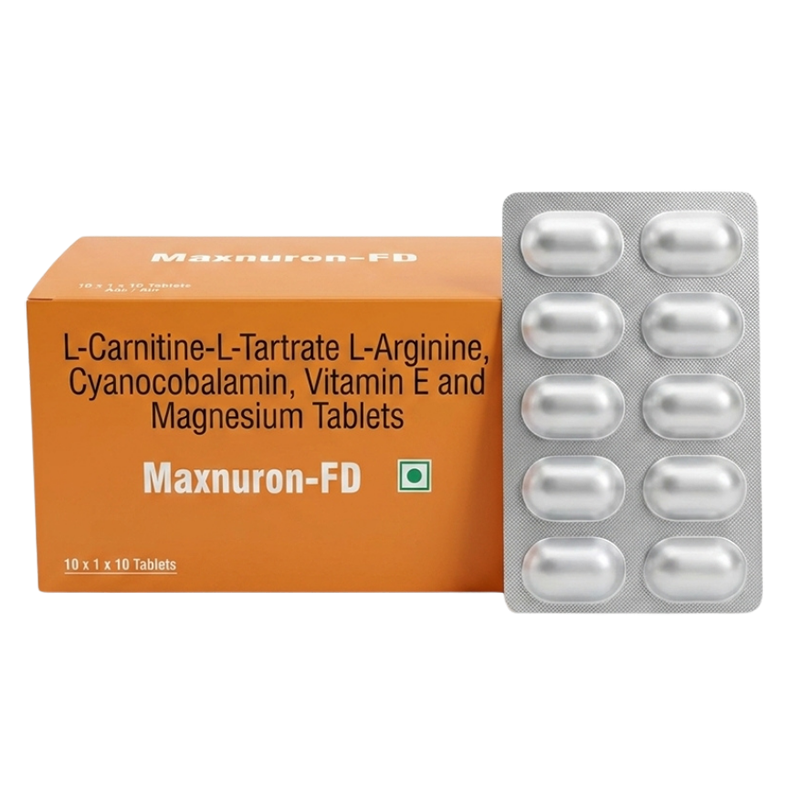 Maxnuron FD Tablet — L-Carnitine L-Tartrate 500 mg, L- arginine 100mg, Vitamin E 50% 10 mg, Cyanocobalamin 2.2 mcg, Magnesium oxide 50mg