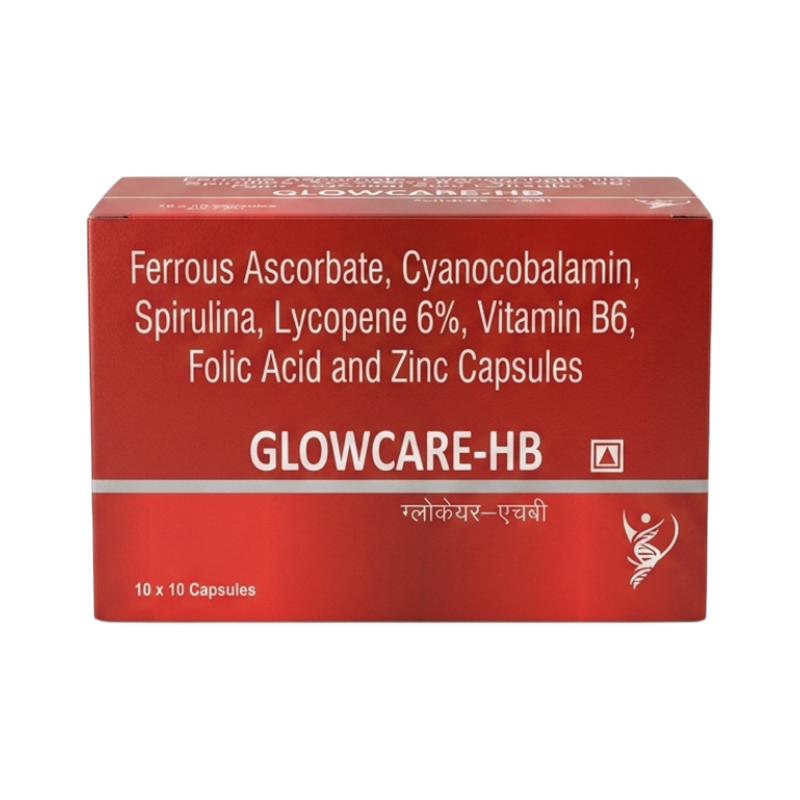 Glowcare HB Capsule — Ferrous Ascorbate 19 mg +cyanocobalamin 2.2 mcg, Spirulina 300 mg + Lycopene 6% 6000 mcg + vitamin B6 3.1 mg + Folic acid 300 mcg + Zinc sulphate monohydrate 10 mg